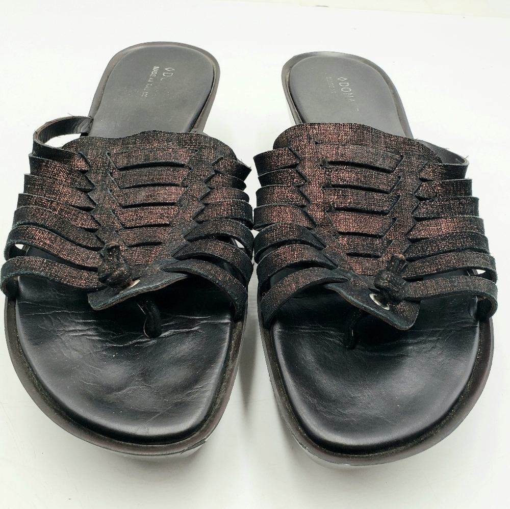 Donald Pliner Cissy Sandals Womens 10 Black Bronze Wedge Thong Weaved Leather - Picture 2 of 11